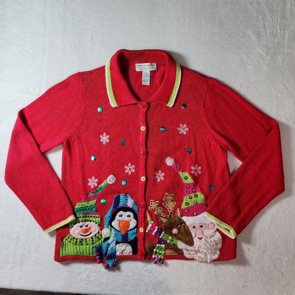 Christmas Cardigan Womens XL Red Sequin Santa Penguin Reindeer Holidays Knit 3D